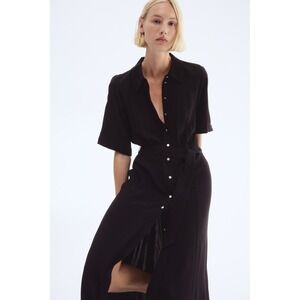 H&M Tie-Belt Black Button Up Shirt Dress Midi Lightweight Work Wear / Size L